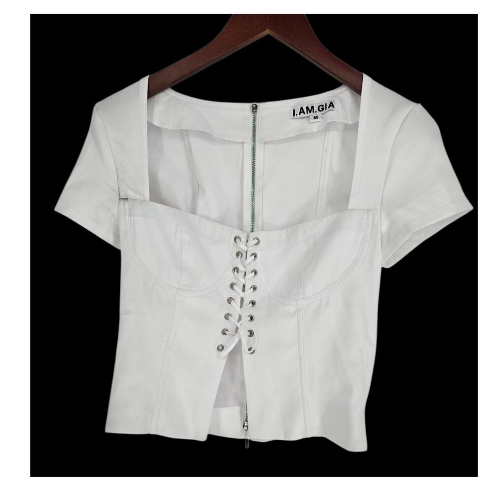 I.AM.GIA. White Lace Up Square Neck Corset Top Women's M